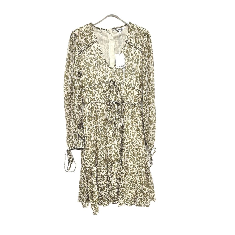 WALTER BAKER  Faber Tie-Detailed Leopard-Print Metallic Georgette Dress Sz 4 - Picture 3 of 13